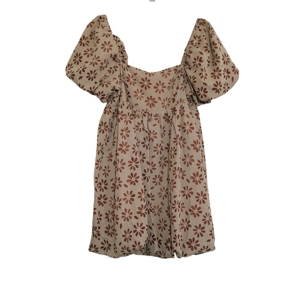 Storia Dresses & Skirts - Storia Brown Gingham Floral Puff Sleeve Mini Dress Square Neck Smocked Cottage